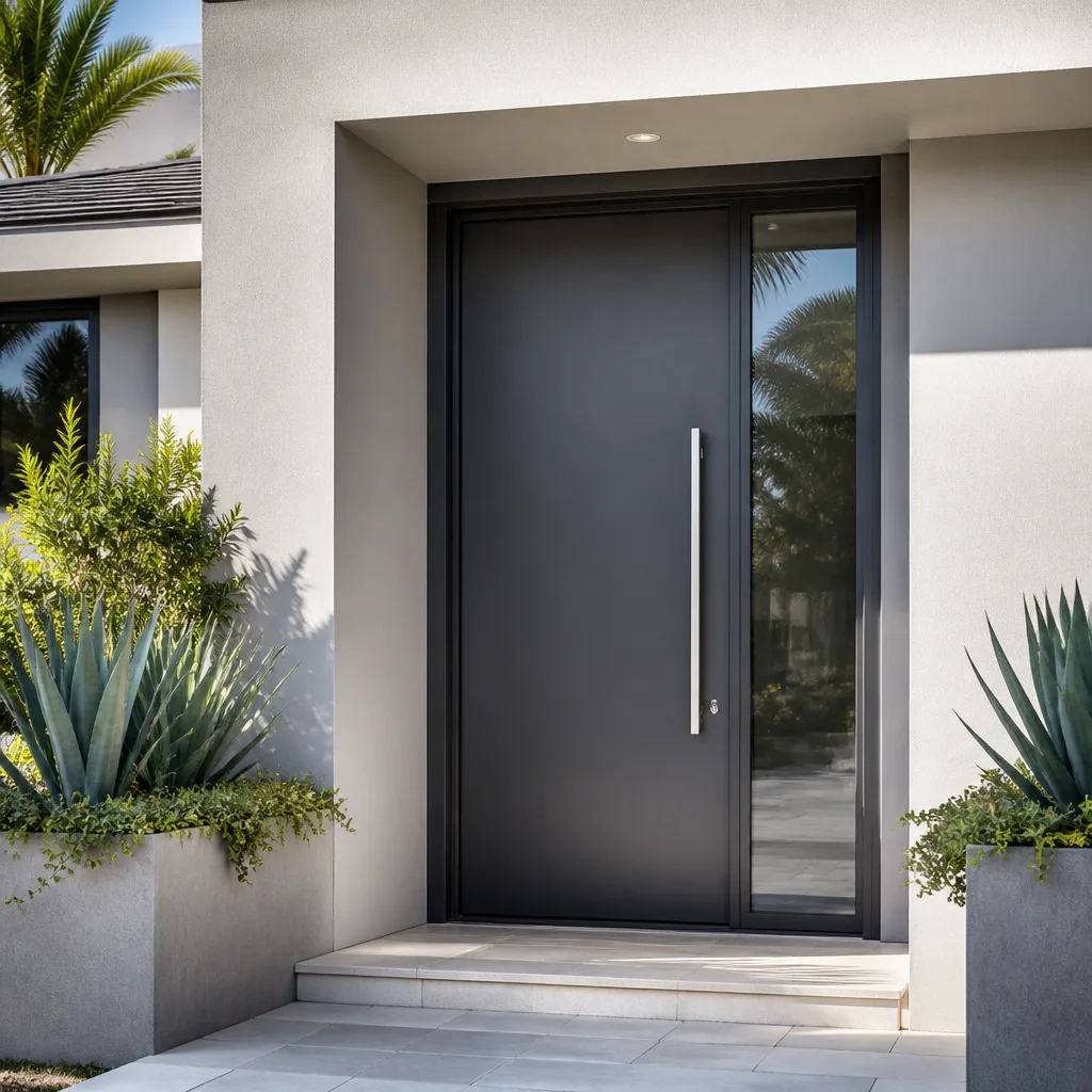 Modern dark gray front entry door installation with sidelight