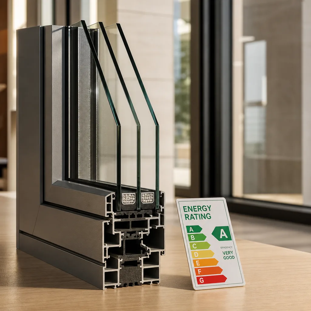 Triple-glazed energy-efficient window cross-section with an A-rated efficiency label in Coconut Creek, FL