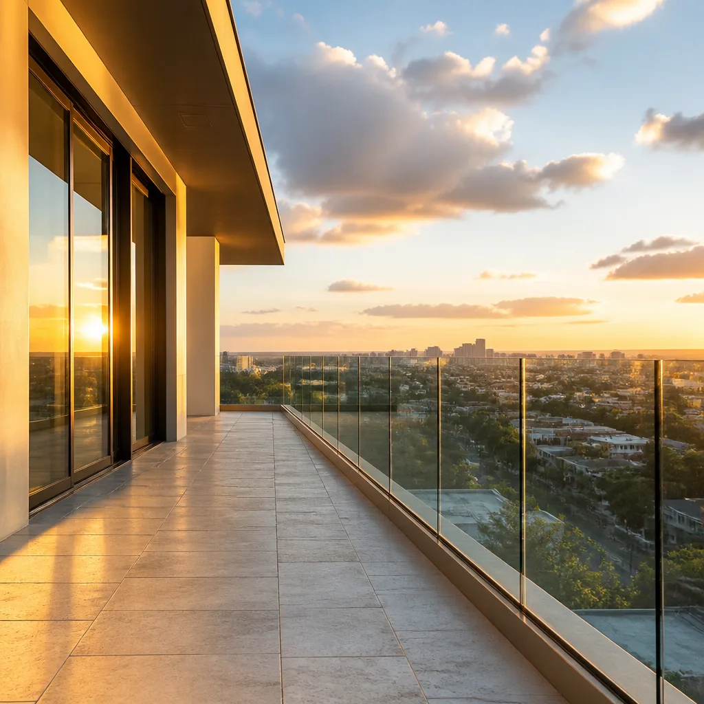Modern balcony with professional frameless glass railing systems at sunset in Lauderhill, FL