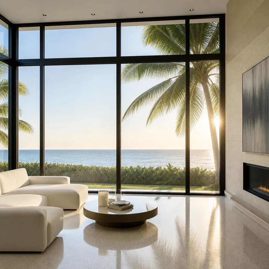 Modern floor-to-ceiling impact windows with ocean sunset view in Wilton Manors, FL