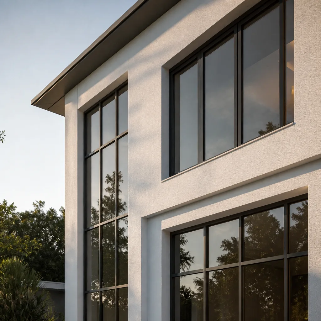 Modern house with sleek black-framed windows and architectural exterior design