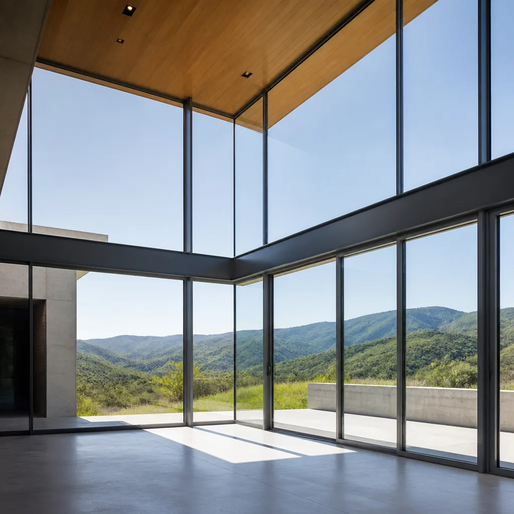 Modern floor to ceiling windows and sliding glass doors with mountain views