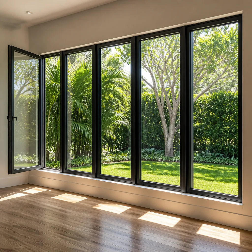 Modern black-framed window installation overlooking a vibrant green backyard garden